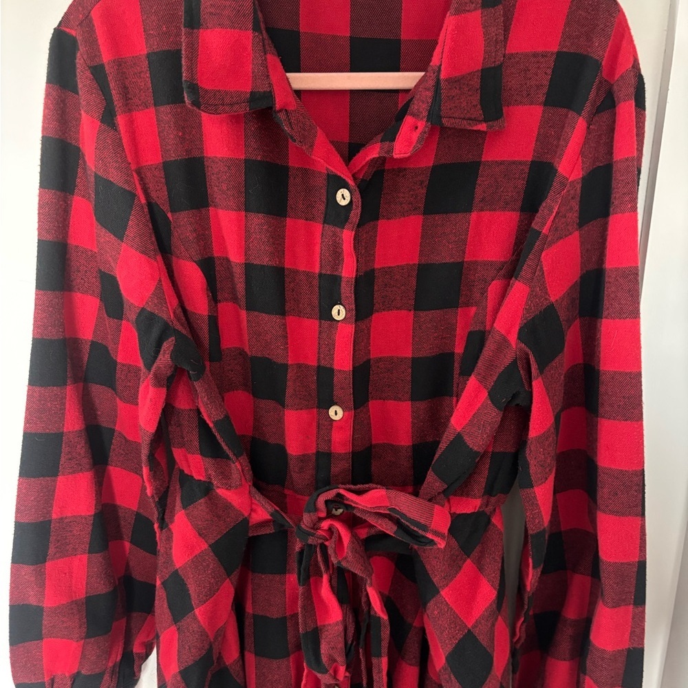 ChicSoul 2XL Plaid Midi Shirt Dress Button Down Tie Waist Fall Dress - Picture 2 of 5